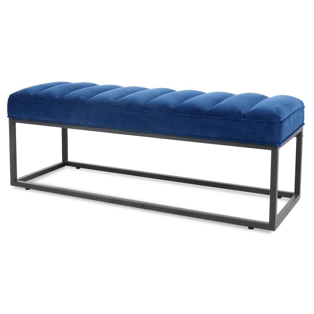 Navy Blue Velvet Upholstered Metal Frame Bedroom Bench