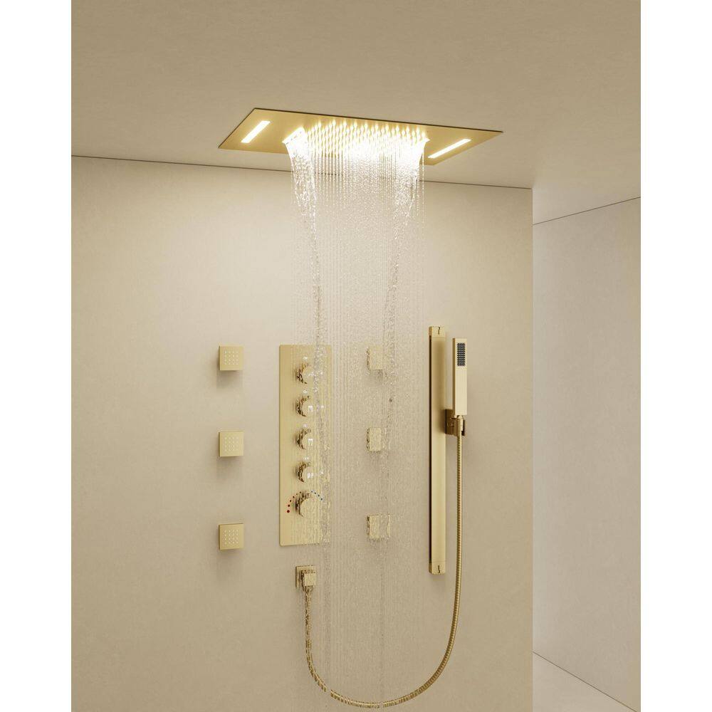15-Spray LED Mood Lighting 23 x 15 in. Ceiling Mount Dual and Handheld Shower 2.5 GPM with Slider Bar in Brushed Gold price history on PriceWatchPro