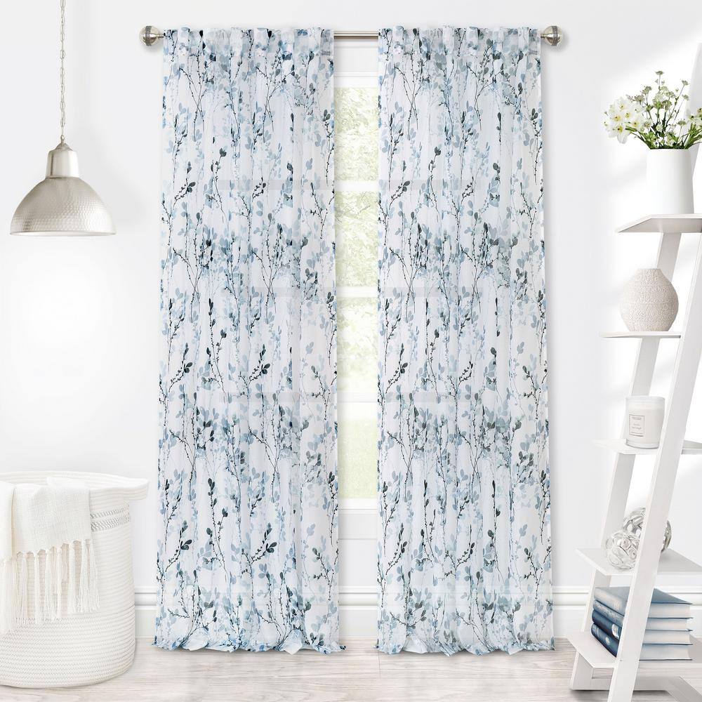 Teal Floral Semi-Sheer Linen-Blend Back Tab Curtain Panel