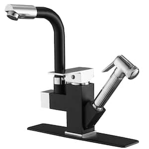 Double-Handle Pull-Out Sprayer 2 Spray Low Arc Kitchen Faucet With Deck Plate in Matte Black & Polished Chrome
