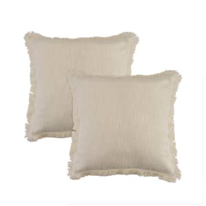 Caspien Cream Solid Fringed 100% Cotton 20 in. x 20 in. Indoor Throw Pillow (Set of 2)