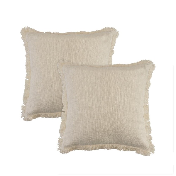 LR Home Caspien Cream Solid Fringed 100% Cotton 20 in. x 20 in. Indoor Throw Pillow (Set of 2)