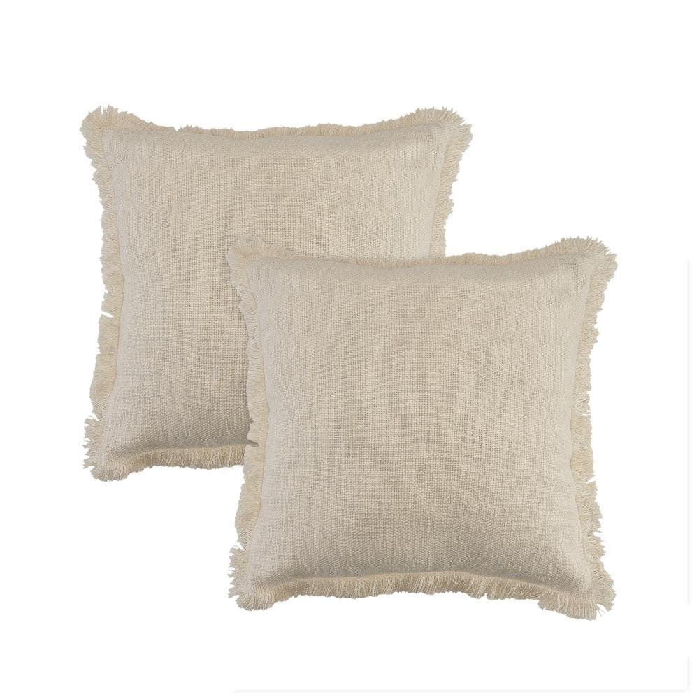 Caspien Cream Solid Fringed 100% Cotton 20 in. x 20 in. Indoor Throw Pillow