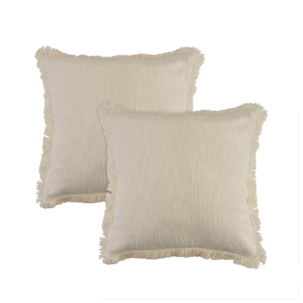 Unbranded Caspien Cream Solid Fringed 100% Cotton 20 in. x 20 in. Indoor Throw Pillow (Set of 2)