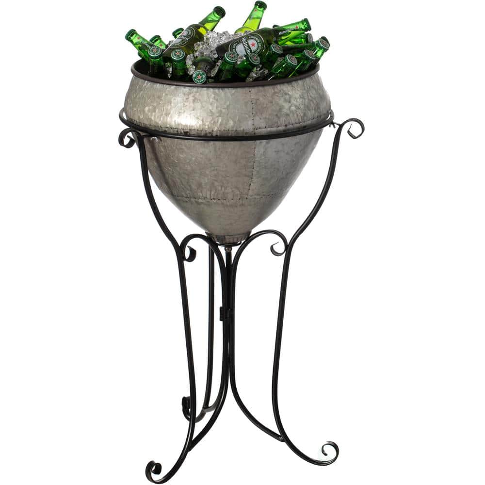 Vintiquewise Silver Galvanized Metal Beverage Cooler Tub with Liner and Stand, Large