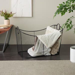Metal Open Frame Wire Grid Storage Basket with Curved Sides and Ring Handles