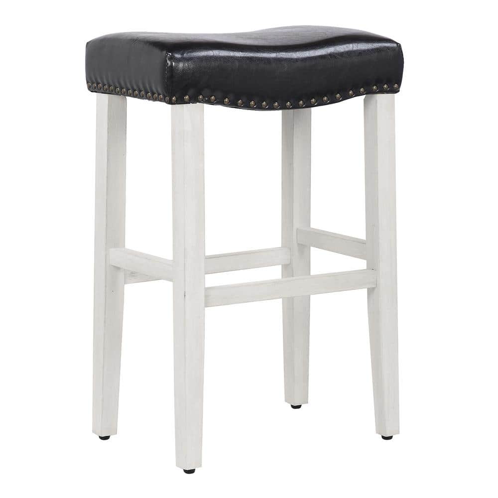 Antique White and Black Leather Saddle Seat Bar Stool, 29"
