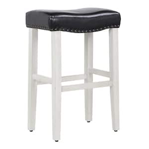Jameson 29 in Bar Height Antique White Wood Backless Nailhead Barstool with Upholstered Black Faux Leather Saddle Seat