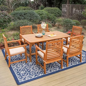 Brown 7-Piece Wood Patio Outdoor Dining Set With Extendable Table and Wood Chairs With Beige Cushion