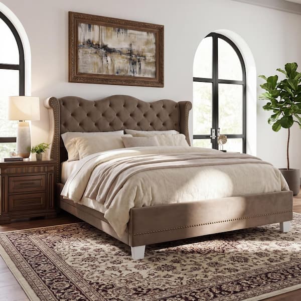 Varo French Brown Nailhead Trim Tufted Velvet Upholstered Wood Frame King Size Platform Bed with Wingback Headboard