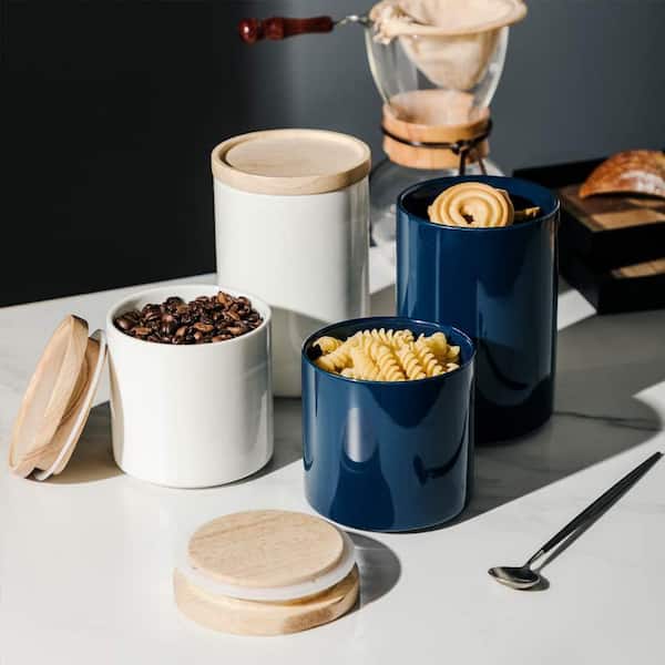 Anqtovp 16 Fl oz. Kitchen Canisters Ceramic Storage Jar Stackable Containers with Airtight Seal Wooden Lid in White