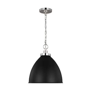 Wellfleet 15.625 in. W x 13.5 in. H 1-Light Midnight Black/Polished Nickel Medium Dome Pendant Light with Steel Shade