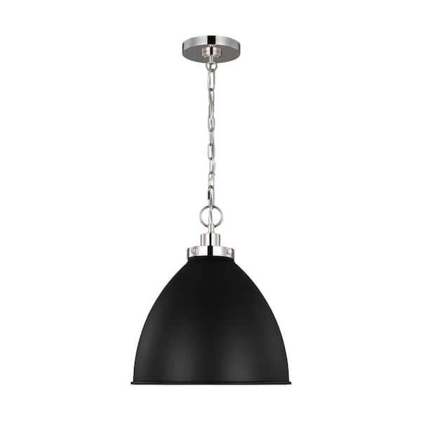 Generation Lighting Wellfleet 15.625 in. W x 13.5 in. H 1-Light Midnight Black/Polished Nickel Medium Dome Pendant Light with Steel Shade