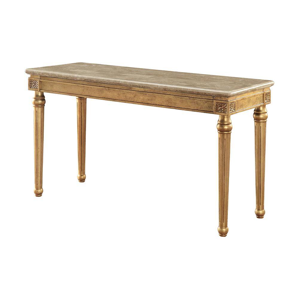Antique Gold Marble Top Sofa Table with Carved Wood Legs
