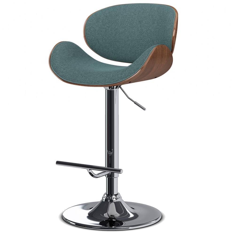 Light Turquoise Blue Linen Adjustable Swivel Bar Stool with Walnut Bentwood
