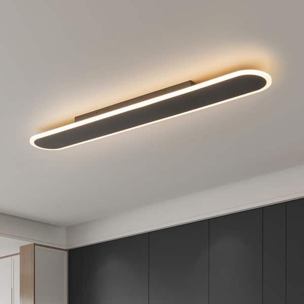 HUOKU Lumin 39.4 in. W Modern Matte Black Long Integrated LED Flush Mount Low Profile Ceiling Light Warm 3000K for Hallway