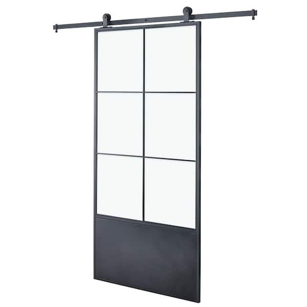 Colonial Elegance 37 in. x 84 in. Broadway Epoxy Coated Steel Frame with Clear Tempered Glass Barn Door with Hardware Kit