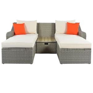 3-piece Wicker Outdoor Sectional Set with beige Cushions