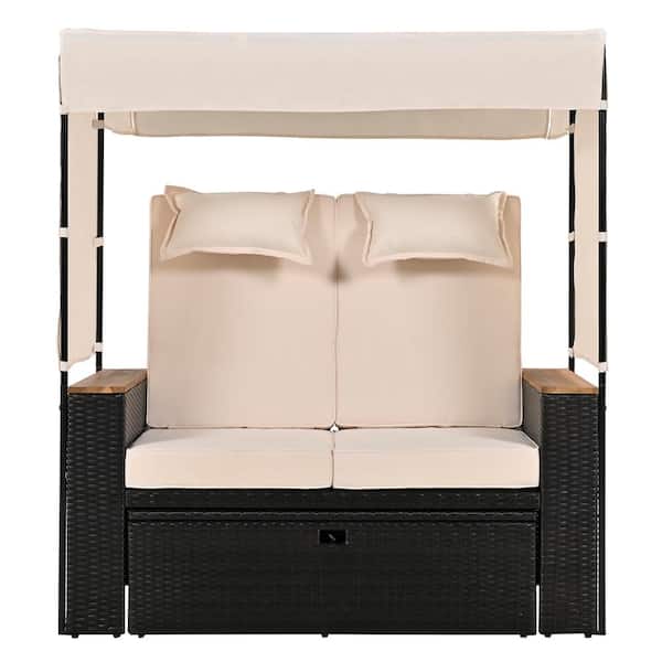 Set of 2 Wicker Outdoor Day Bed Lounge Set with Cushion and Adjustable