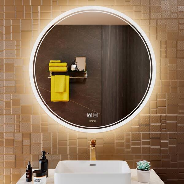 KWW 36 in. W x 36 in. H Round Frameless Dimmable Anti-Fog Wall Bathroom Vanity Mirror in Light