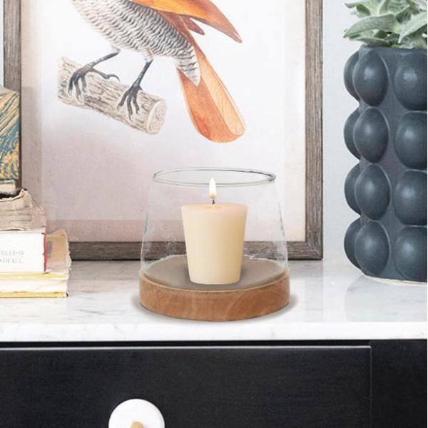 Sleek Glass Bowl Votive Holder with Mango Wood Base