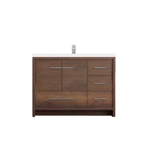Alya Bath Sortino 42 in. W x 19 in. D x 36 in. H Modern Bath Vanity w/Right Side Drawers in Rosewood with White Solid Surface Top