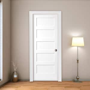 32 in. x 80 in. 5-Panel Shaker White Primed Left Hand Solid Core Wood Single Prehung Interior Door with Nickel Hinges
