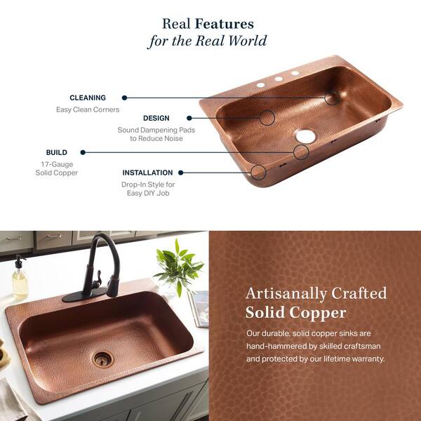 Angelico Drop-In Handmade Copper 33 in. 4-Hole Single Bowl Copper Kitchen Sink in Antique Copper