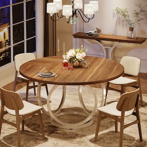 Modern White & Brown Wood 47.2 in. Pedestal Dining Table for 4-6 Person, Gold Round Dining Room Table