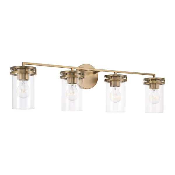 HOMEPLACE LIGHTING 33.5 in. W x 9.75 in. H 4-Light Vanity in Aged Brass with Clear Glass