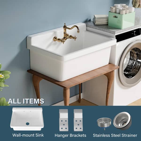 HOMLYLINK High Back Farm Style Sink 30 in. Wall Mount Single Bowl