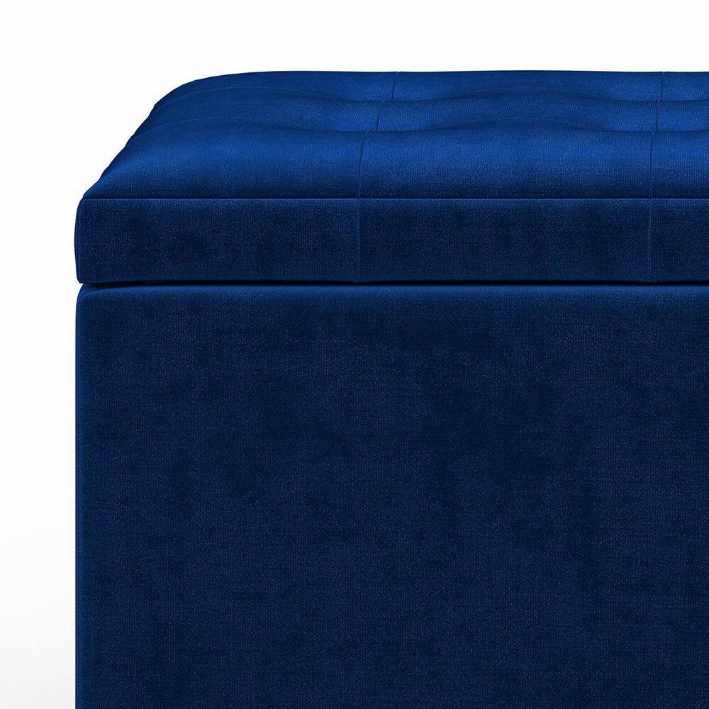 Blue Velvet Tufted Storage Ottoman with Solid Wood Frame