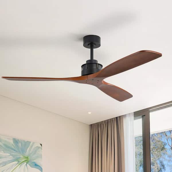 60 in. Indoor Standard Solid Wood Black Ceiling Fan without Light, Remote Control and DC Motor Included, Downrod Mount