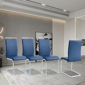 Blue PU Faux Leather High Back Upholstered Side Chair with Silver C-Shaped Tube Chrome Metal Legs (Set of 4)