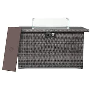 43 in. 50,000 BTU Rectangle Gray Wicker Outdoor Fire Pit Table with Glass Wind Guard