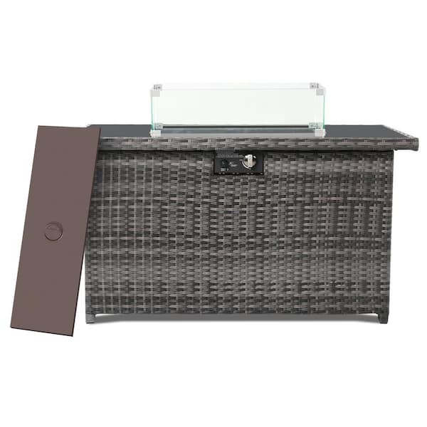 UPHA 43 in. 50,000 BTU Rectangle Gray Wicker Outdoor Fire Pit Table with Glass Wind Guard