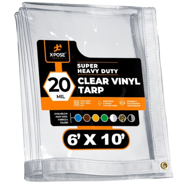 XPOSE SAFETY 6 ft. x 10 ft. Clear Vinyl Tarp Super Heavy Duty 20 Mil Transparent Waterproof PVC Tarpaulin with Brass Grommets