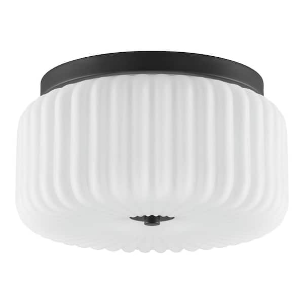 Home Decorators Collection Caroline 2-Light Matte Black Flush Mount with Frosted Glass