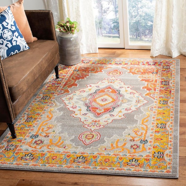 Phoenix 5 ft. x 8 ft. Orange/Gray Medallion Border Area Rug
