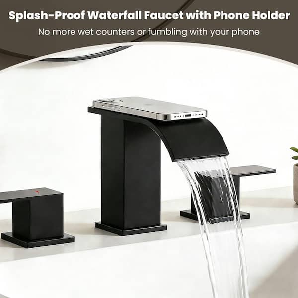 Curve Waterfall 8 in. Widespread 2-Handle Bathroom Faucet 3-Hole Bath Sink Faucet with Pop-Up Drain in Matte Black
