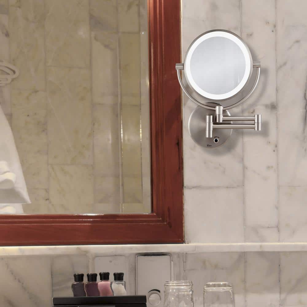 Satin Nickel Round Wall Mounted LED Magnifying Mirror