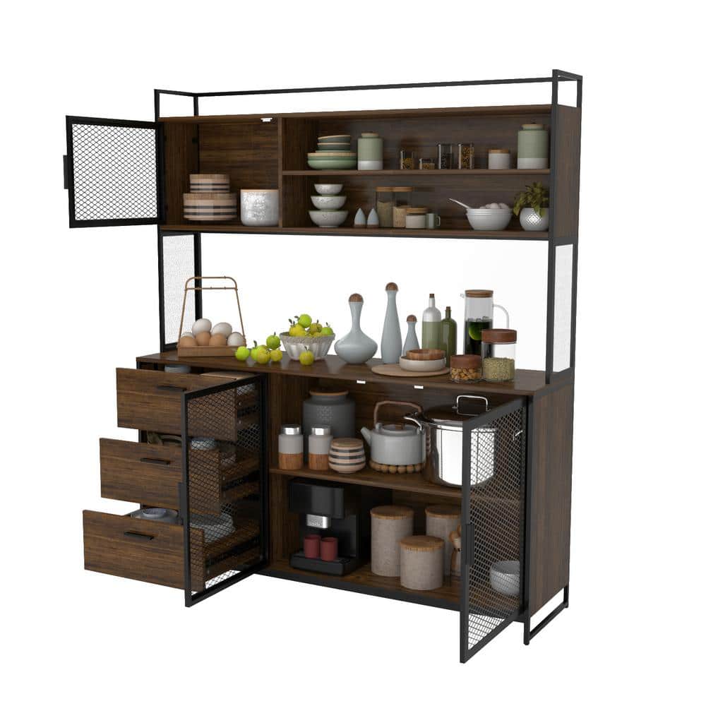 Brown Wood and Metal Mesh 3-Door Kitchen Pantry Cabinet