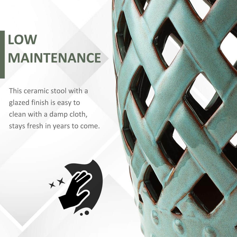 Blue Ceramic Garden Stool with Woven Lattice Design