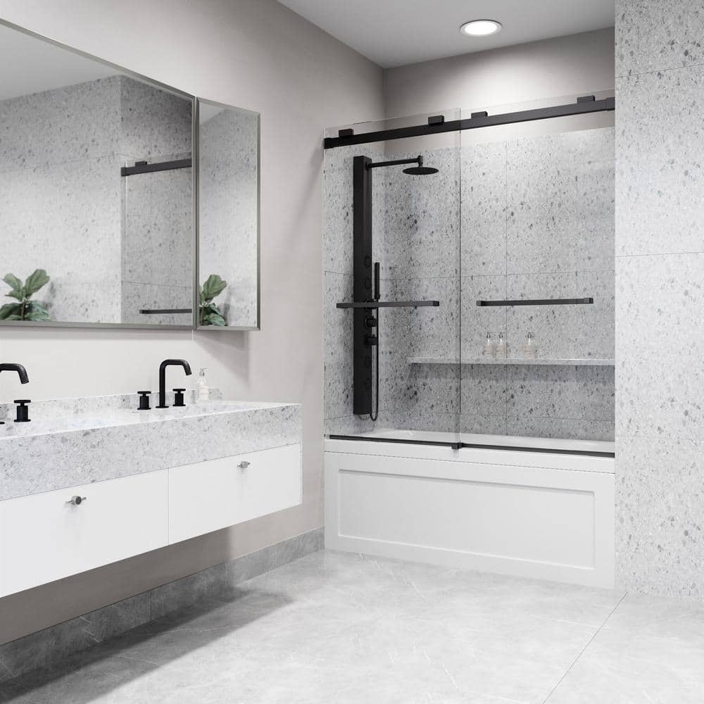 Houston 66" Frameless Matte Black Sliding Tub Door with Clear Glass