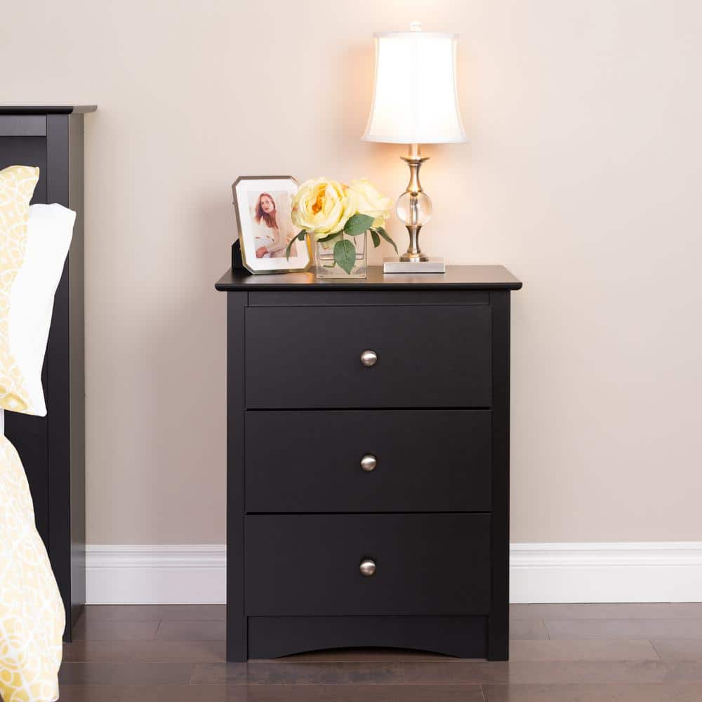 Black 3-Drawer Modern Nightstand with Nickel Knobs