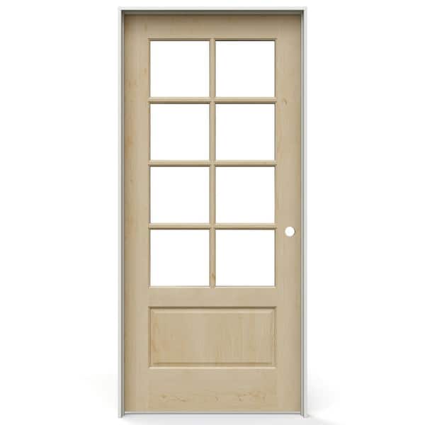 36 in. x 80 in. Left-Handed 8 Lite Clear Glass Unfinished Maple Solid Core Wood Single Prehung Interior Door