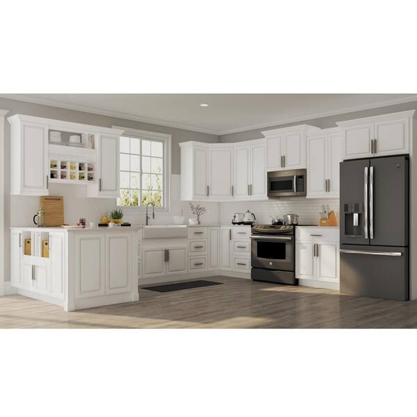Hampton Bay Hampton Satin White Raised Panel Stock Assembled Wall Kitchen Cabinet 12 In X 30 In X 12 In Kw1230 Sw The Home Depot