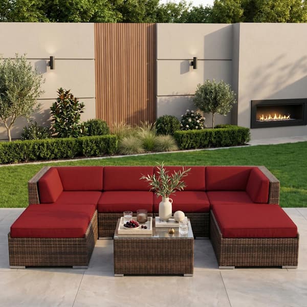 Ohana Mixed Brown 7-Piece Wicker Patio Seating Set with Sunbrella Jockey Red Cushions