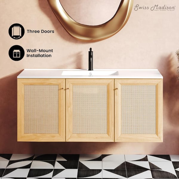 Classe 48 in. Wall-Mounted Bathroom Vanity in Natural Oak with White Ceramic Sink Top
