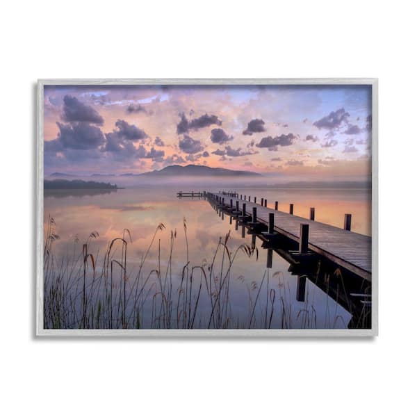 Stupell Industries Misty Lake Dock Landscape Sunset Grass By Mike Calascibetta Framed Print Nature Texturized Art 16 in. x 20 in.